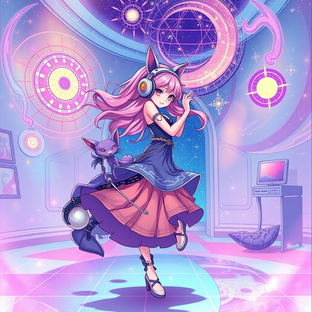 Ethereal Dreamgirl Dances with Celestial Fox in Vibrant Holo...