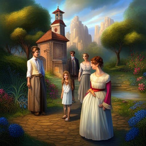 Family's Encounter: Detailed Matte Painting in Countryside