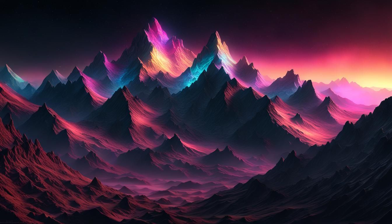 Colorful Fractal Mountains at Night, Fantasy Art