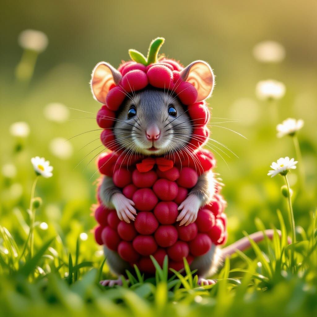 Whimsical Rat in Raspberry Costume in Meadow