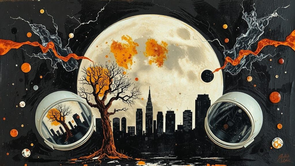 Moon City Portrait in Enamel and Ink