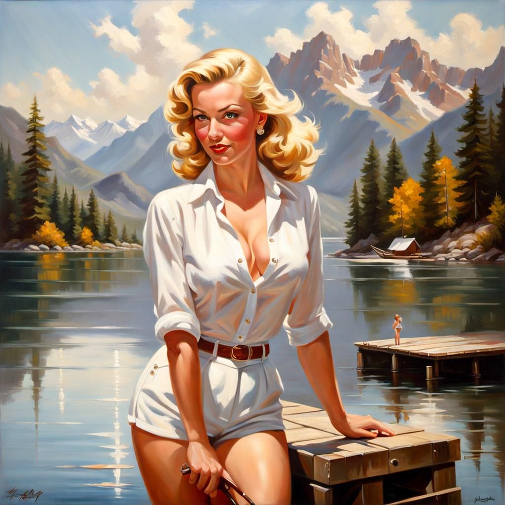 Mountain Lake Pin-Up in Oil Painting Style