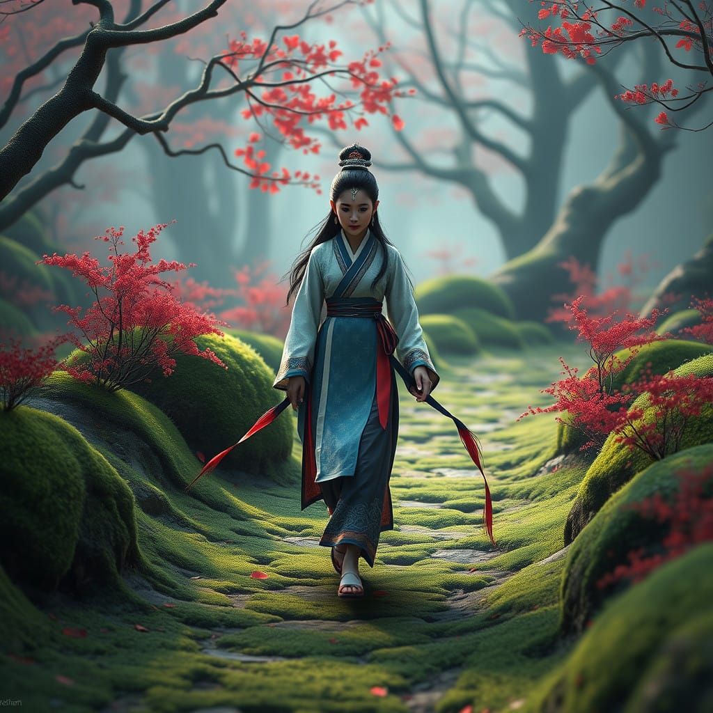 Ethereal Chinese Goddess Amidst Mossy Paradise