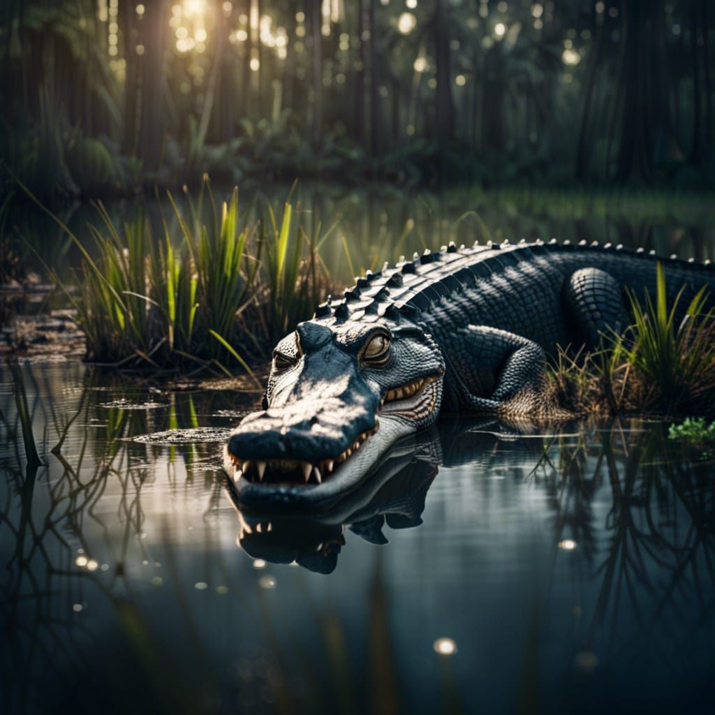 Hyperrealistic Alligator in a Detailed Swamp