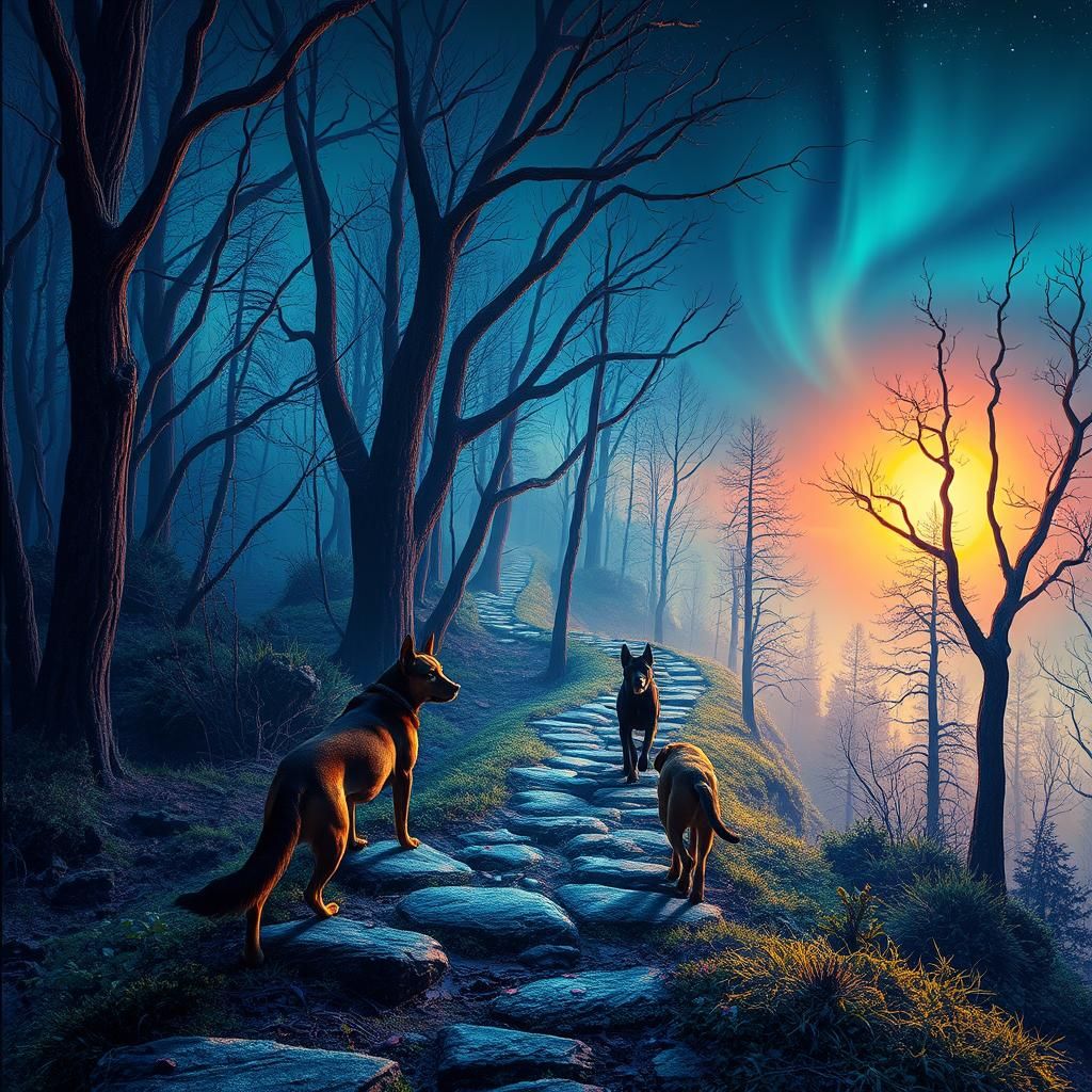 Surreal Companions Journey Through Iridescent Forest