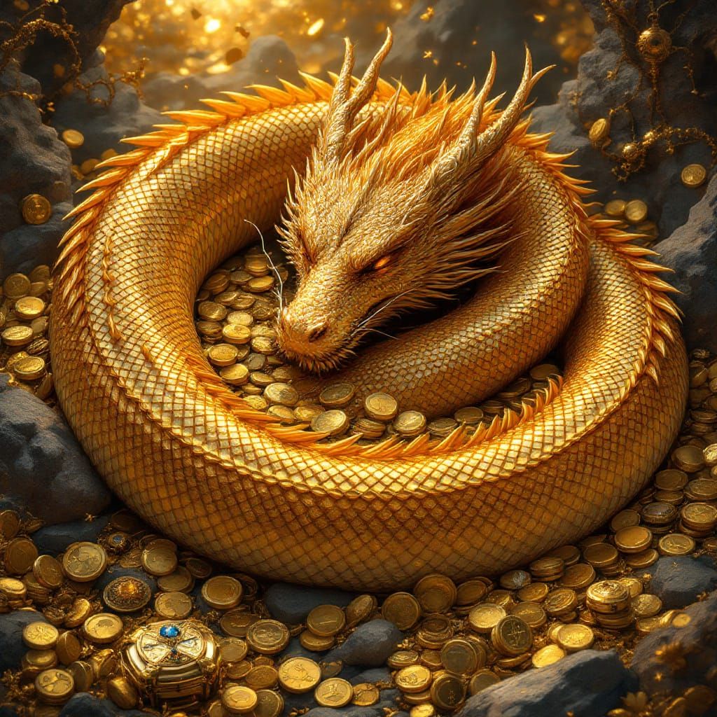 Intricate gold dragon sleeping on a pile of gold.