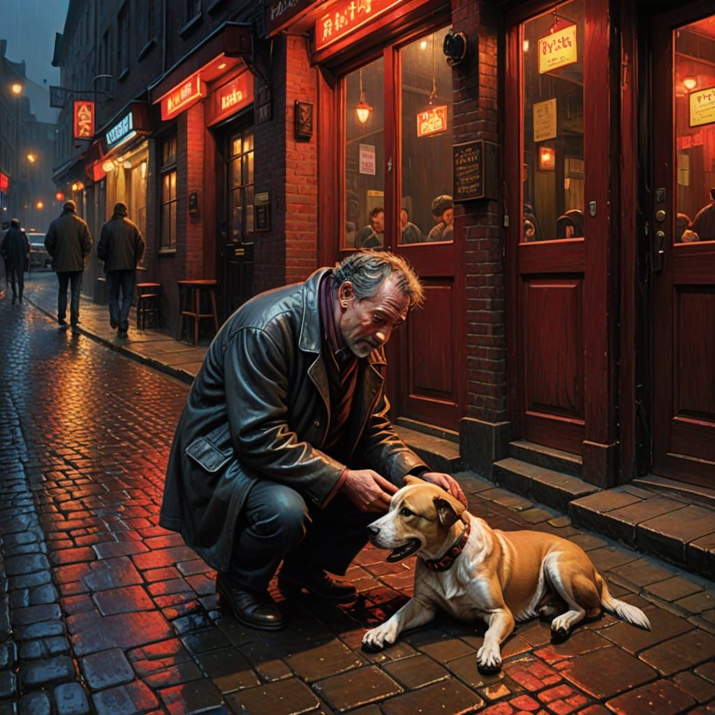 Man Begging Outside Bar with Dog on Rainy Night