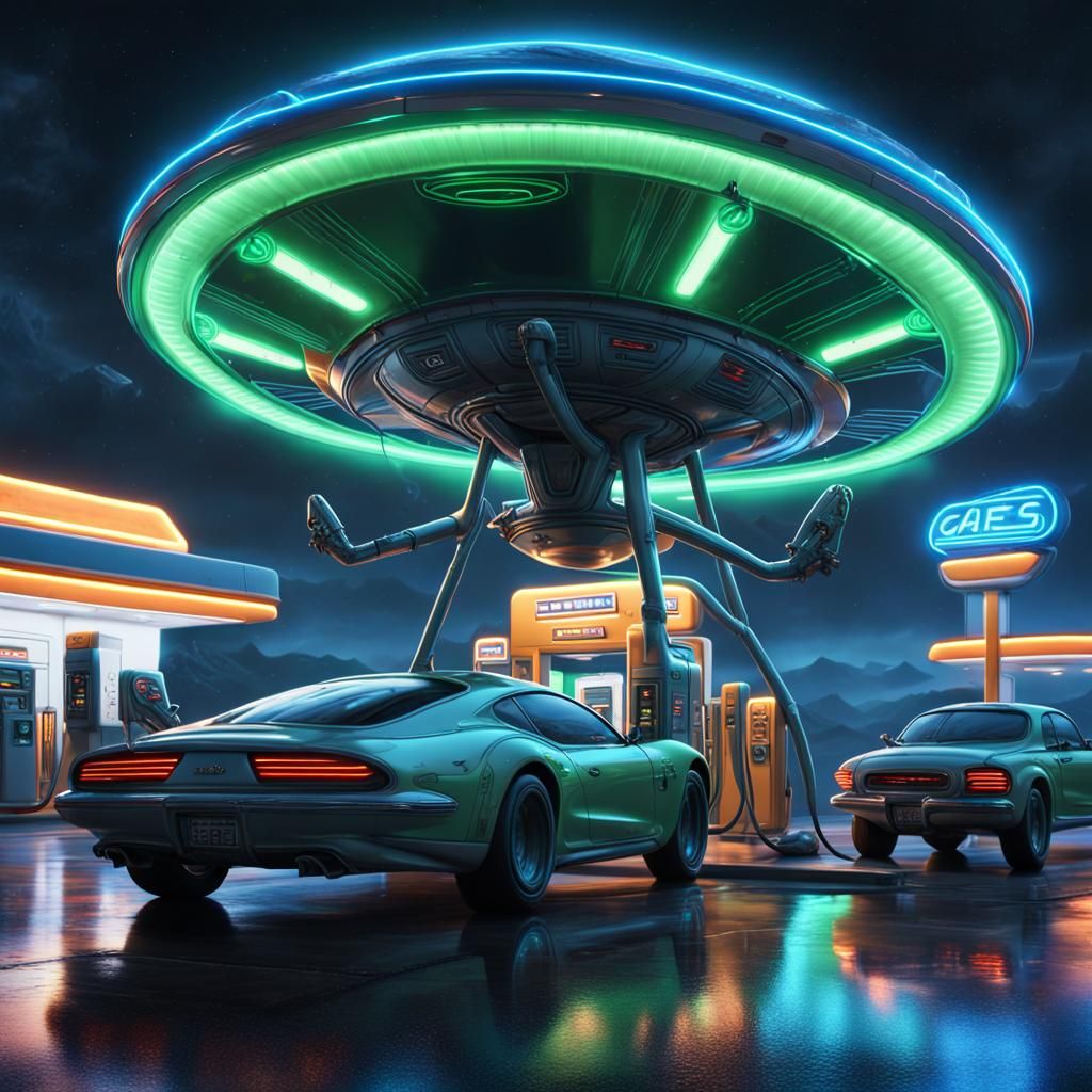 Furry Aliens Refueling at Sci-Fi Gas Station
