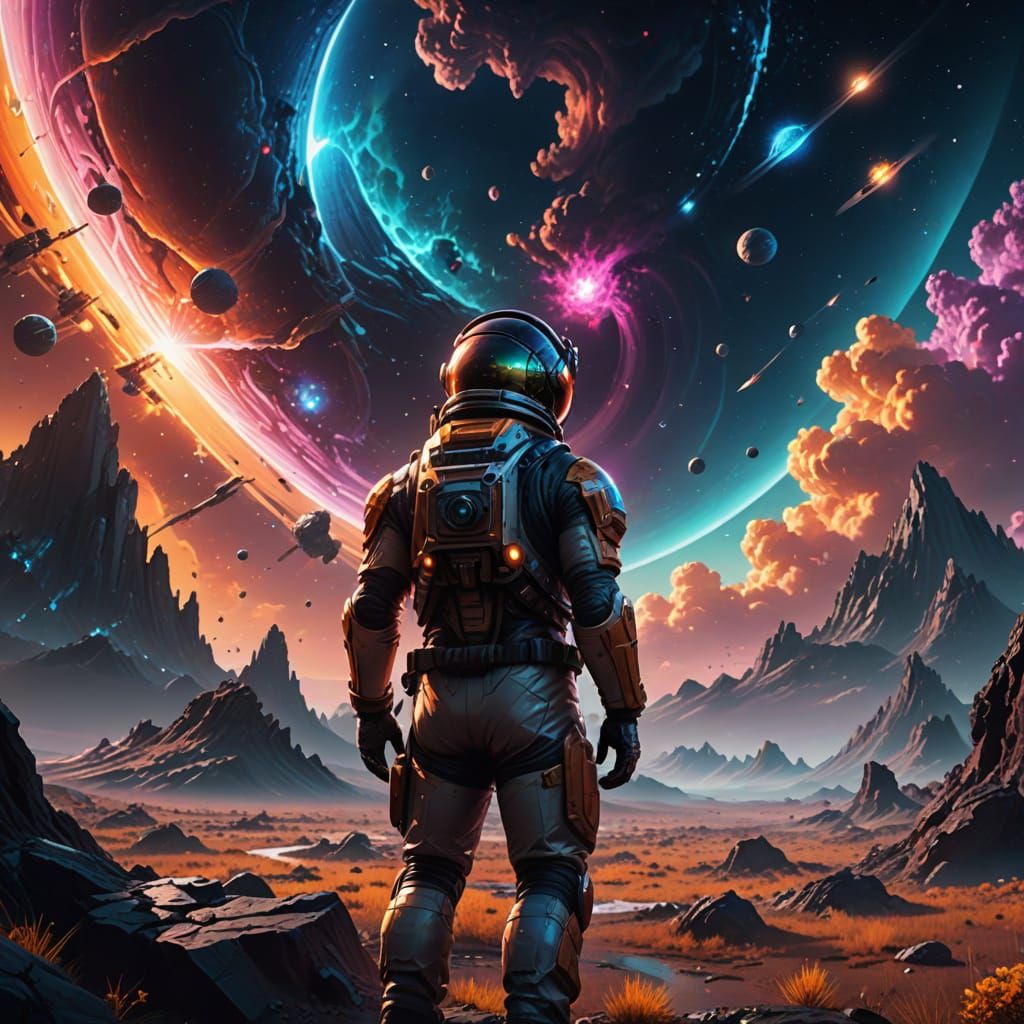 Astronaut Gazing at Nebula on Alien Planet