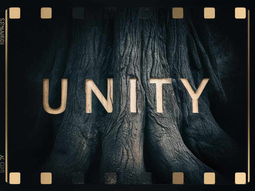 Dramatic Carving of Unity on Tree, Cinematic Style