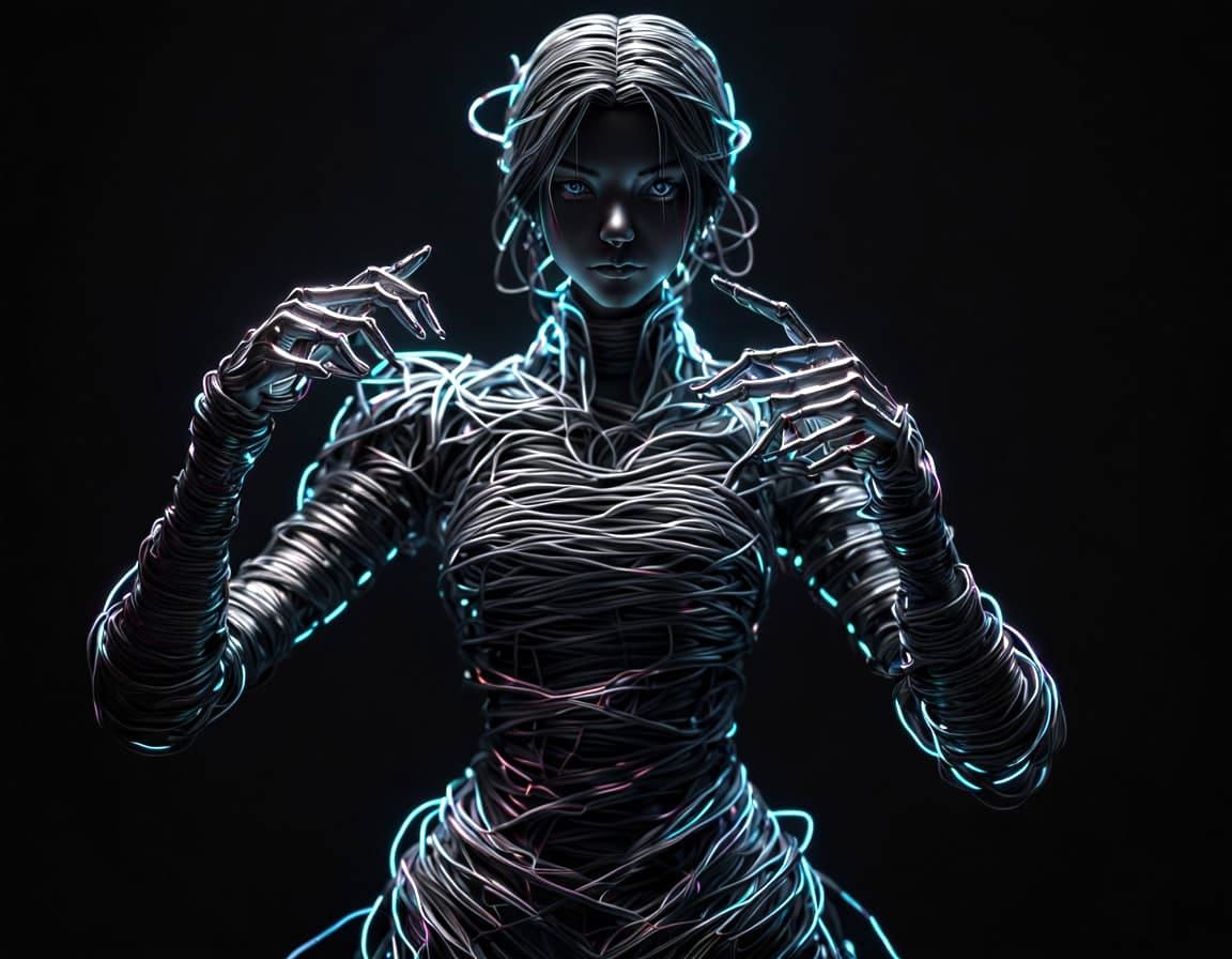 Neon Anime Woman Wire Statue in Moody Lighting
