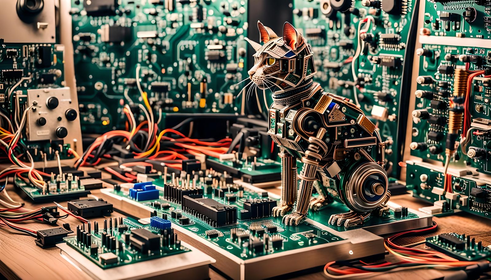 Intricate Cat Sculpture Crafted from Electronic Components