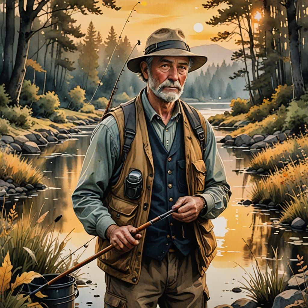 Whimsical Watercolor Fishing Scene in Earthy Tones