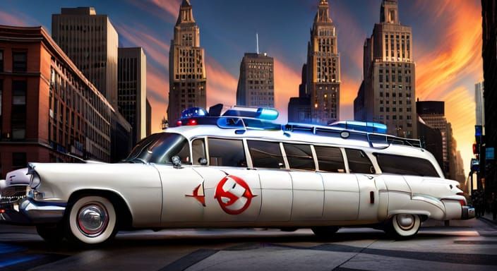 Hyperrealistic Photo of Ghostbusters' Ecto-1 Car
