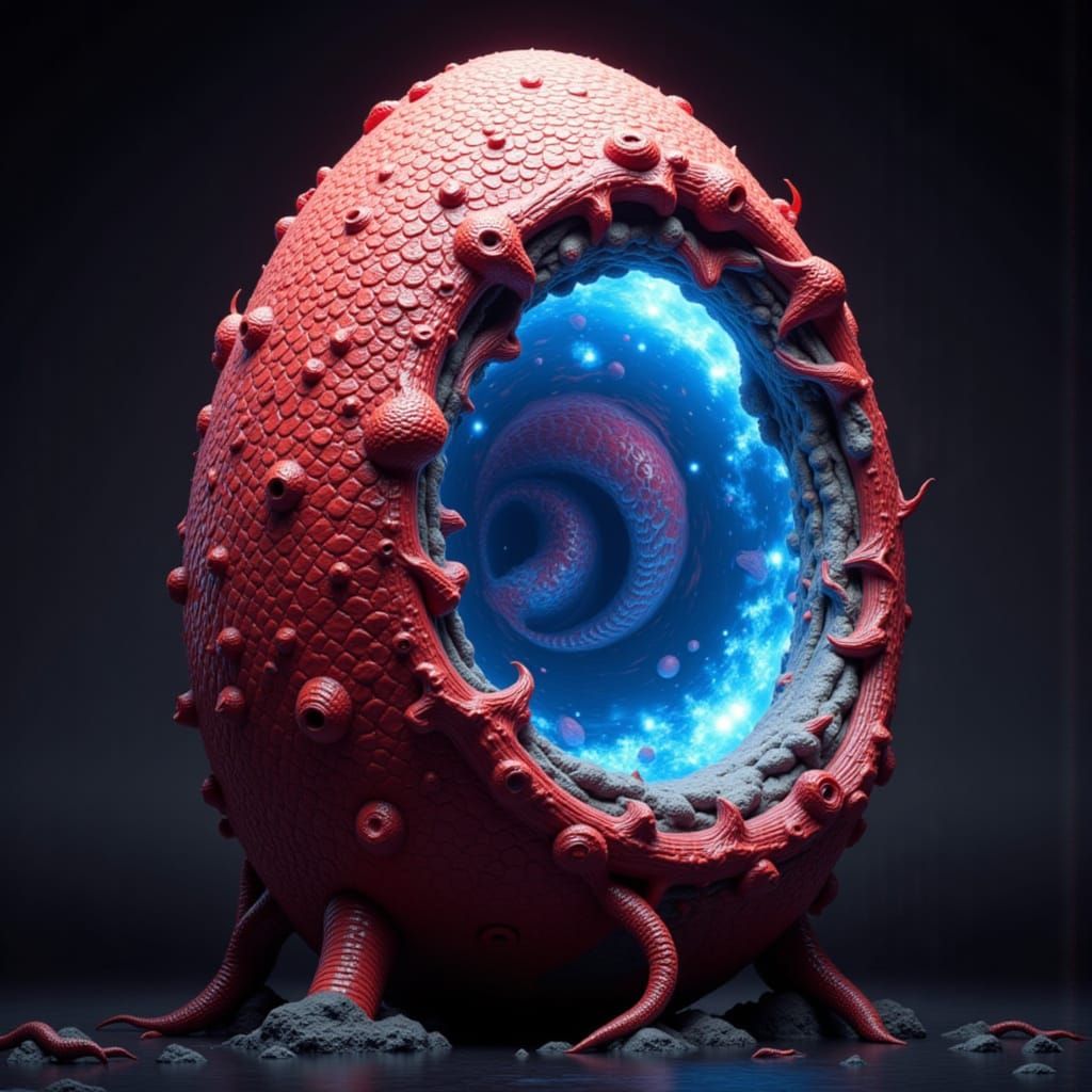 Cosmic Egg with Wormhole and Spaceship View