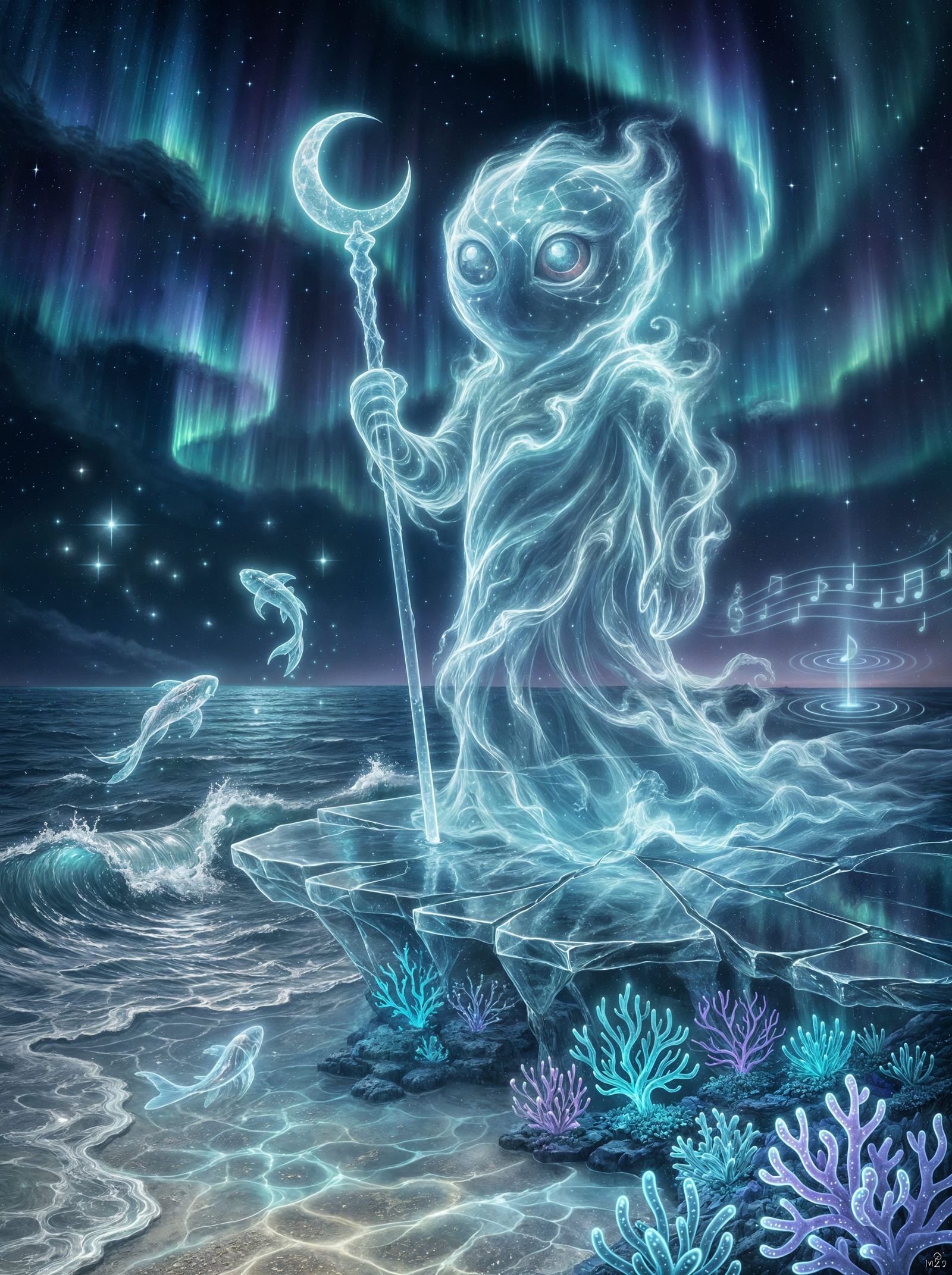 Mythic Guardian of Moonlight and Mist on Glass Shoreline