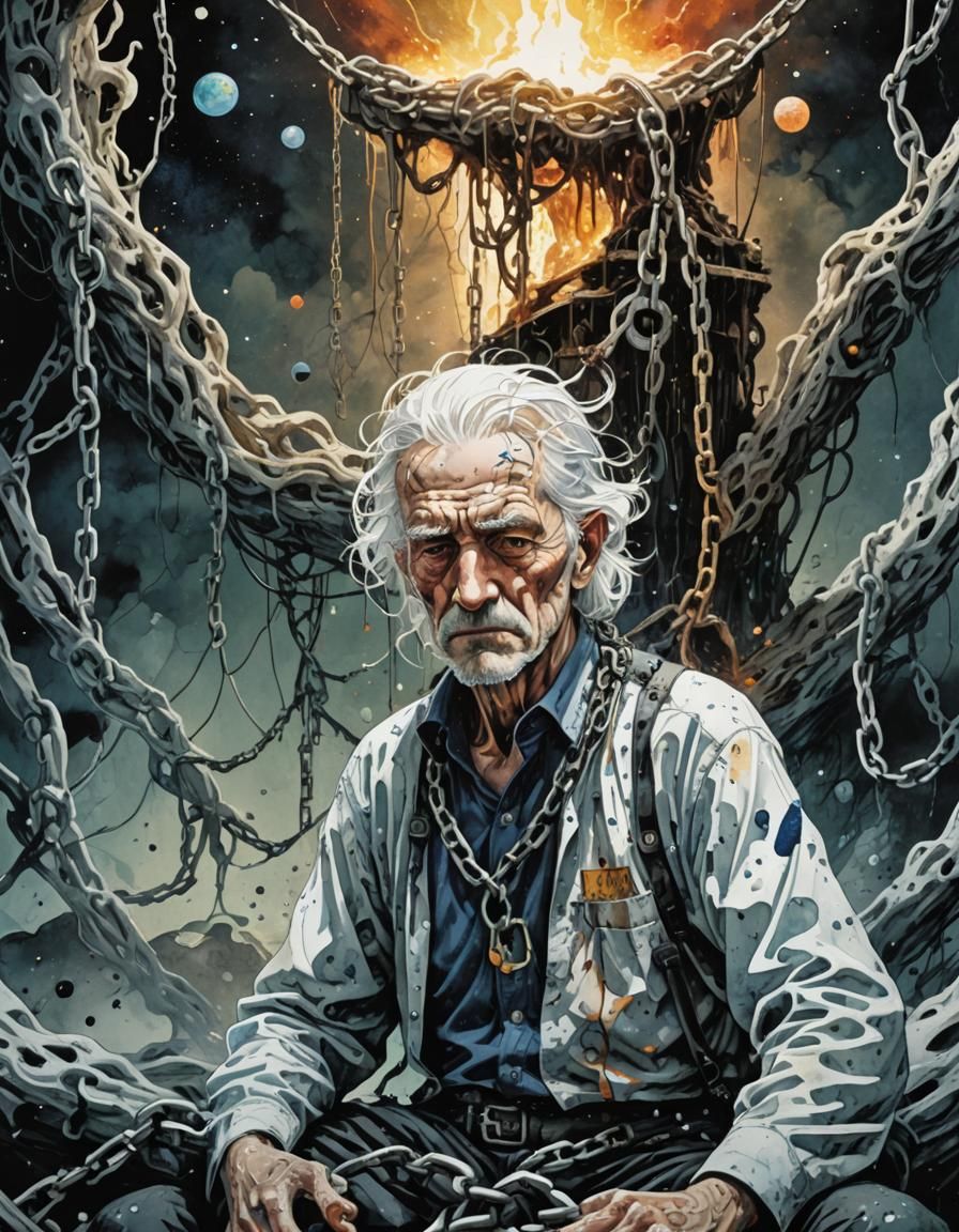 Surreal Digital Art: Chained Man in Cosmic Reality