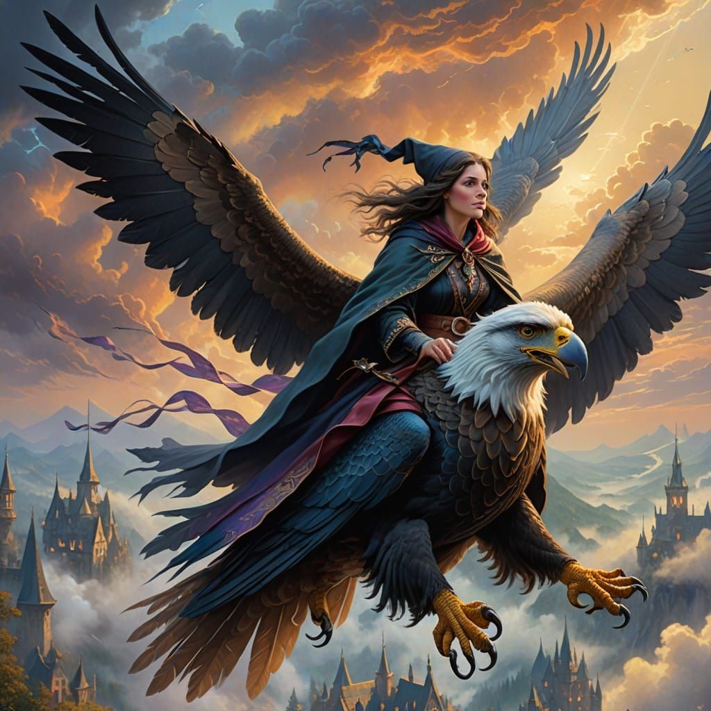 Ethereal Witch Rides Giant Vulture in Misty Sky
