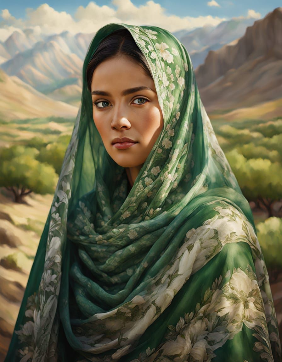 Uzbek Woman in Atlas Dress with Argali Portrait