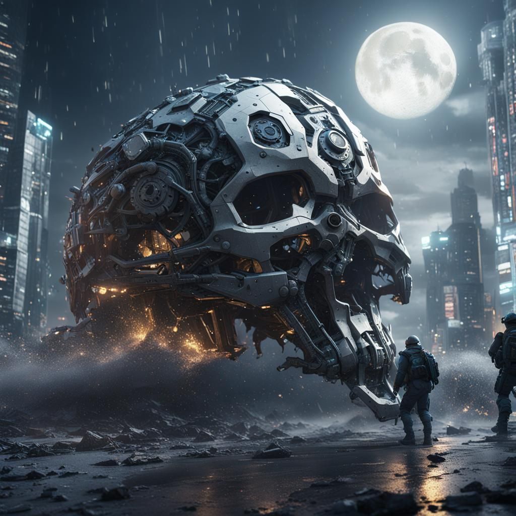 Giant Wave Destroys City with Skull Moon