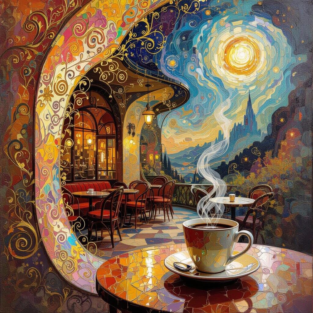 Surreal Cosmic Cafe Interior Painting in Impasto Style