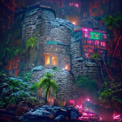 Cyberpunk Ruins in Rainforest at Night