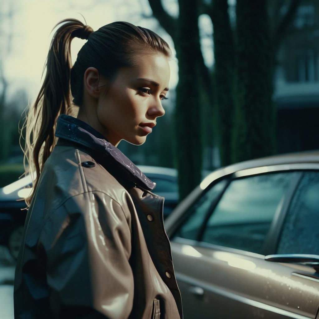 Brunette Woman by Car in Ink Illustration Style