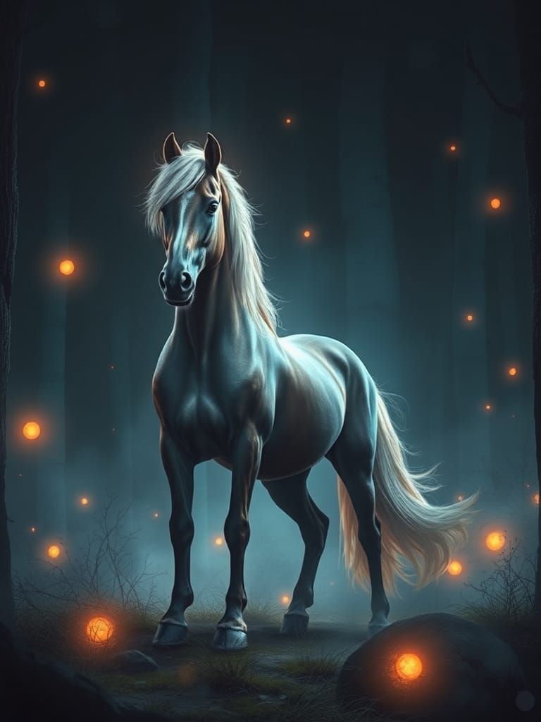 Majestic Horse in Ethereal Forest: A Digital Artwork