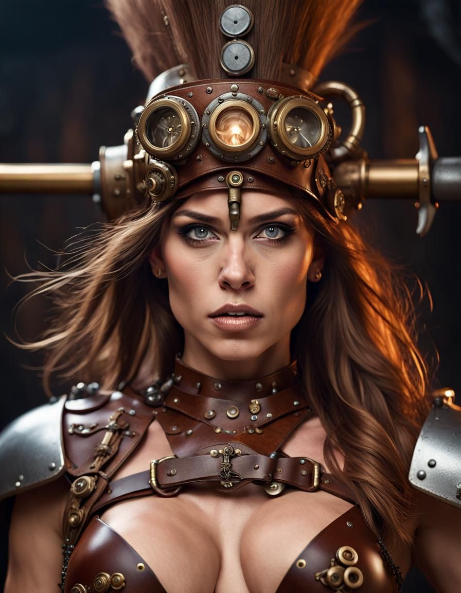 Steampunk Barbarian Woman Portrait with Metal Bikini