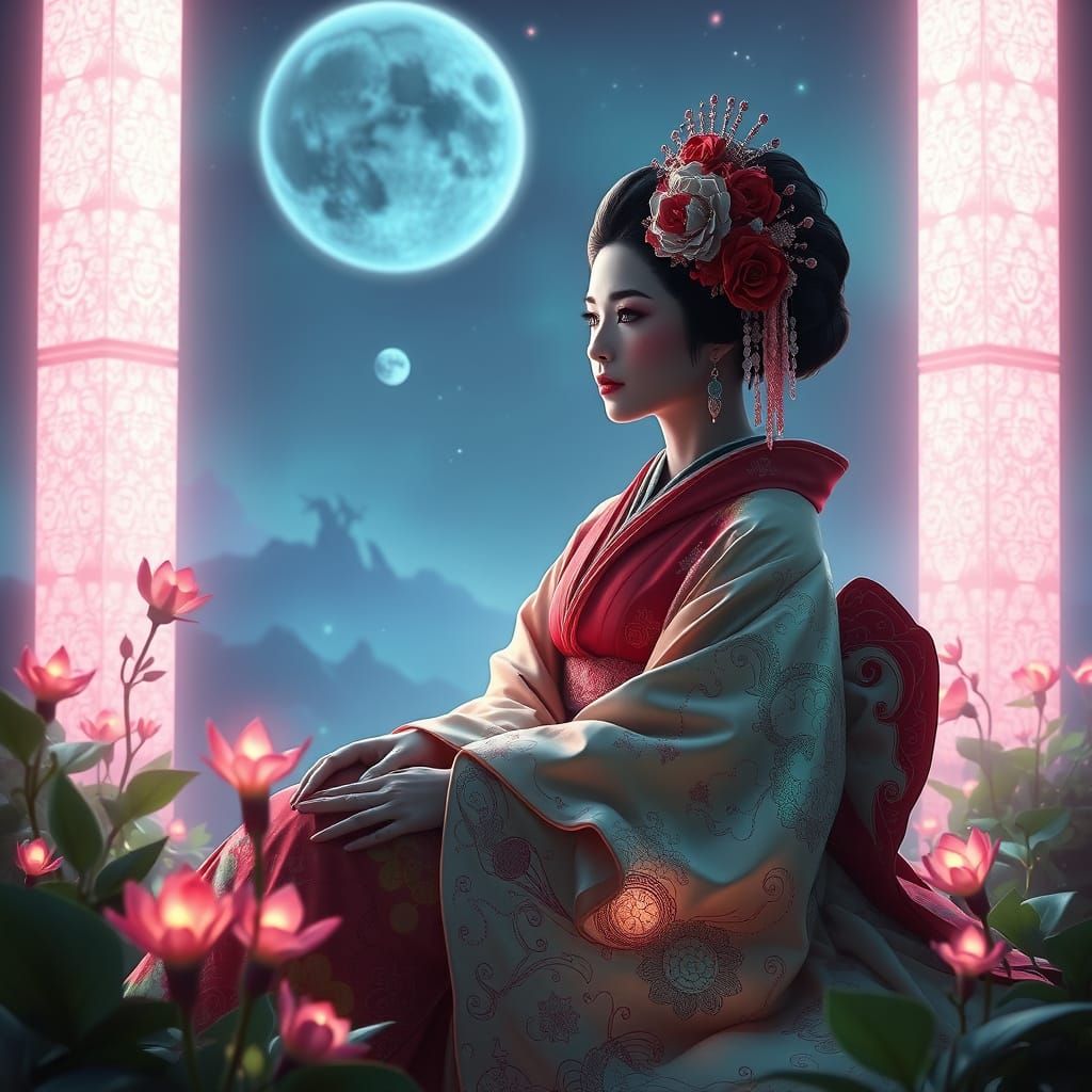 Geisha Queen of Hearts in Alien Bioluminescent Garden
