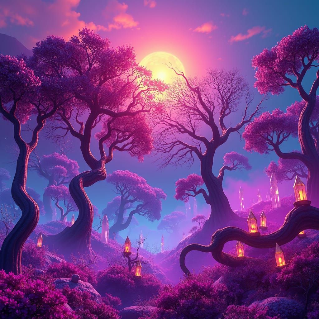 Dreamlike Landscape with Iridescent Trees and Crystal Format...