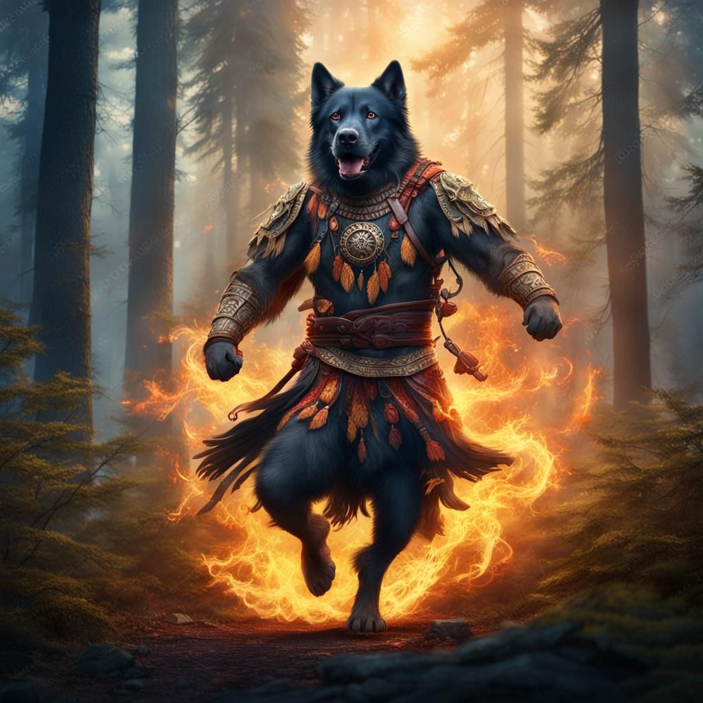 Dog Shaman's Dance: Epic Forest Bonfire Scene