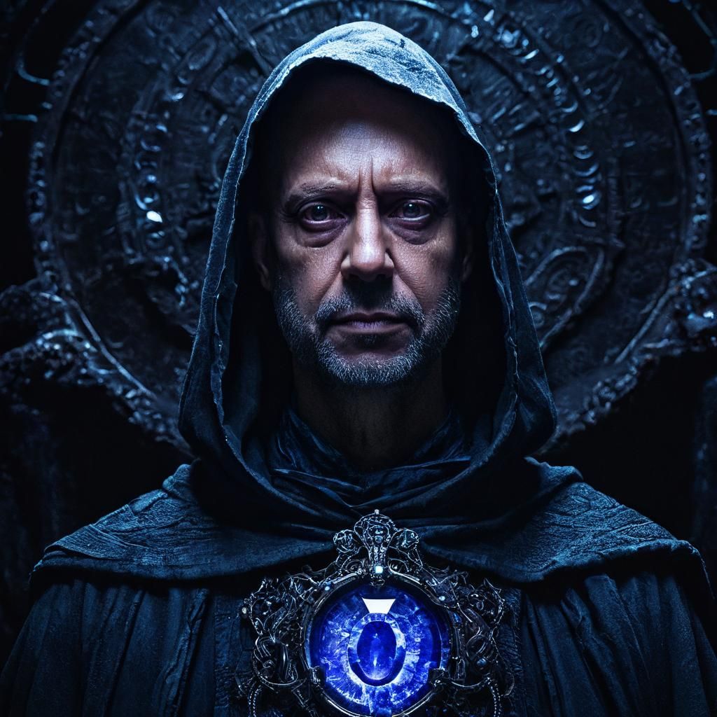 Mysterious Robed Figure in Dark Fantasy Chamber