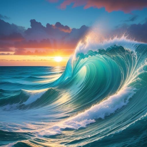 Ocean Waves Crashing at Sunset: Digital Art