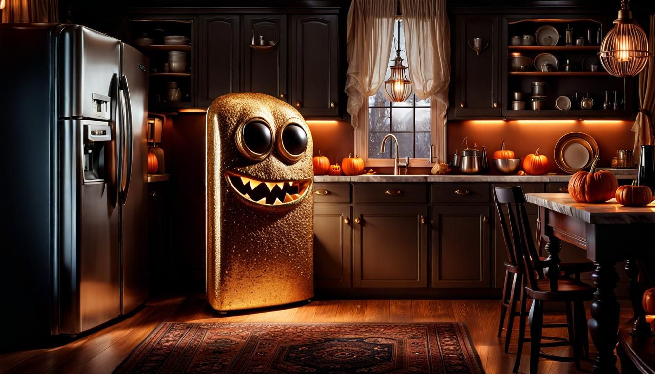 Spooky Halloween Refrigerator Monster in Vintage Kitchen