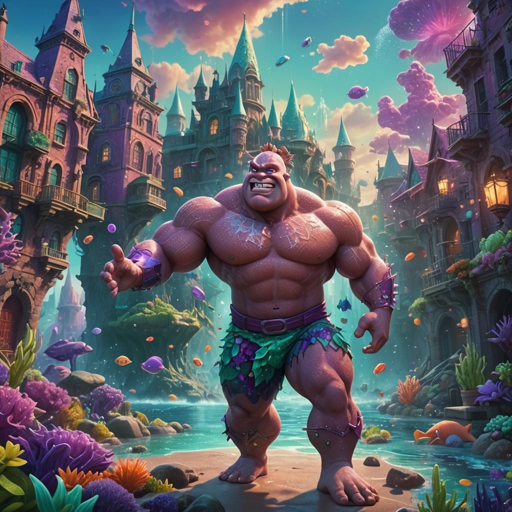 Heroic Muscular Patrick Star in Dreamlike City