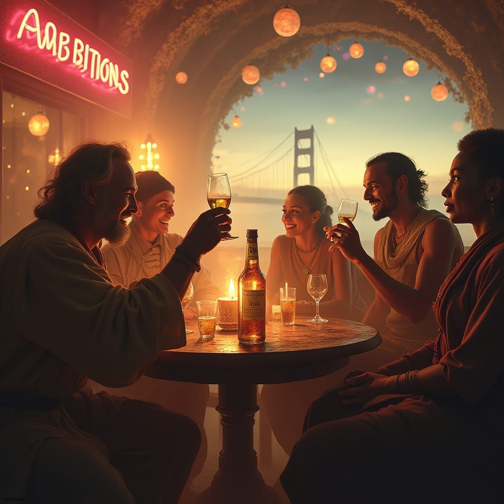 Surreal Gathering of Concepts and Dreams in a Golden-Lit Tav...