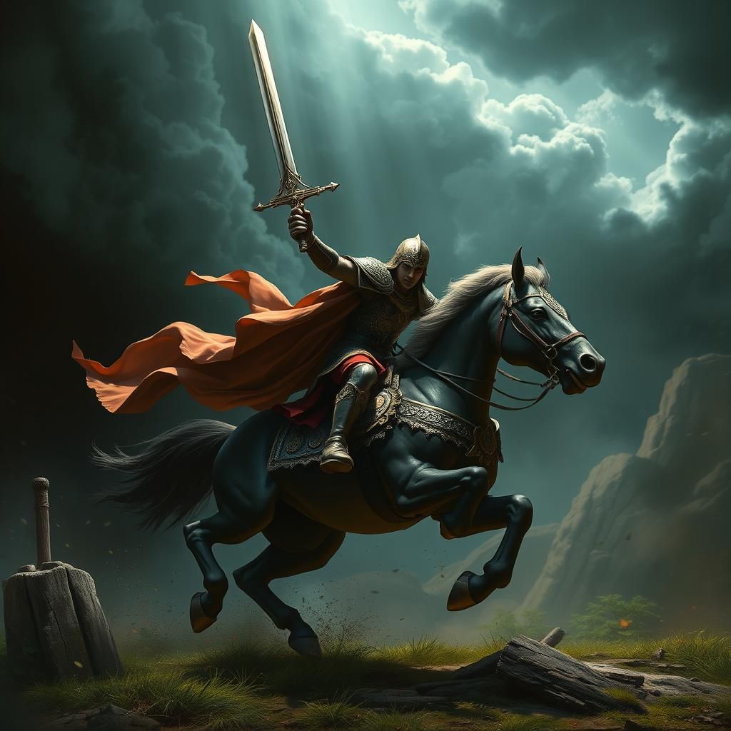 Knight Charges into Dark Forest, Fantasy Concept Art