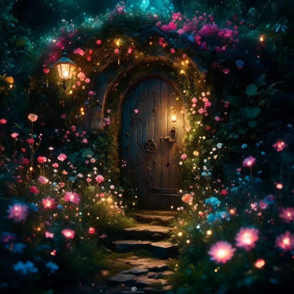 Enchanted Cottage Doorway in Lush Garden
