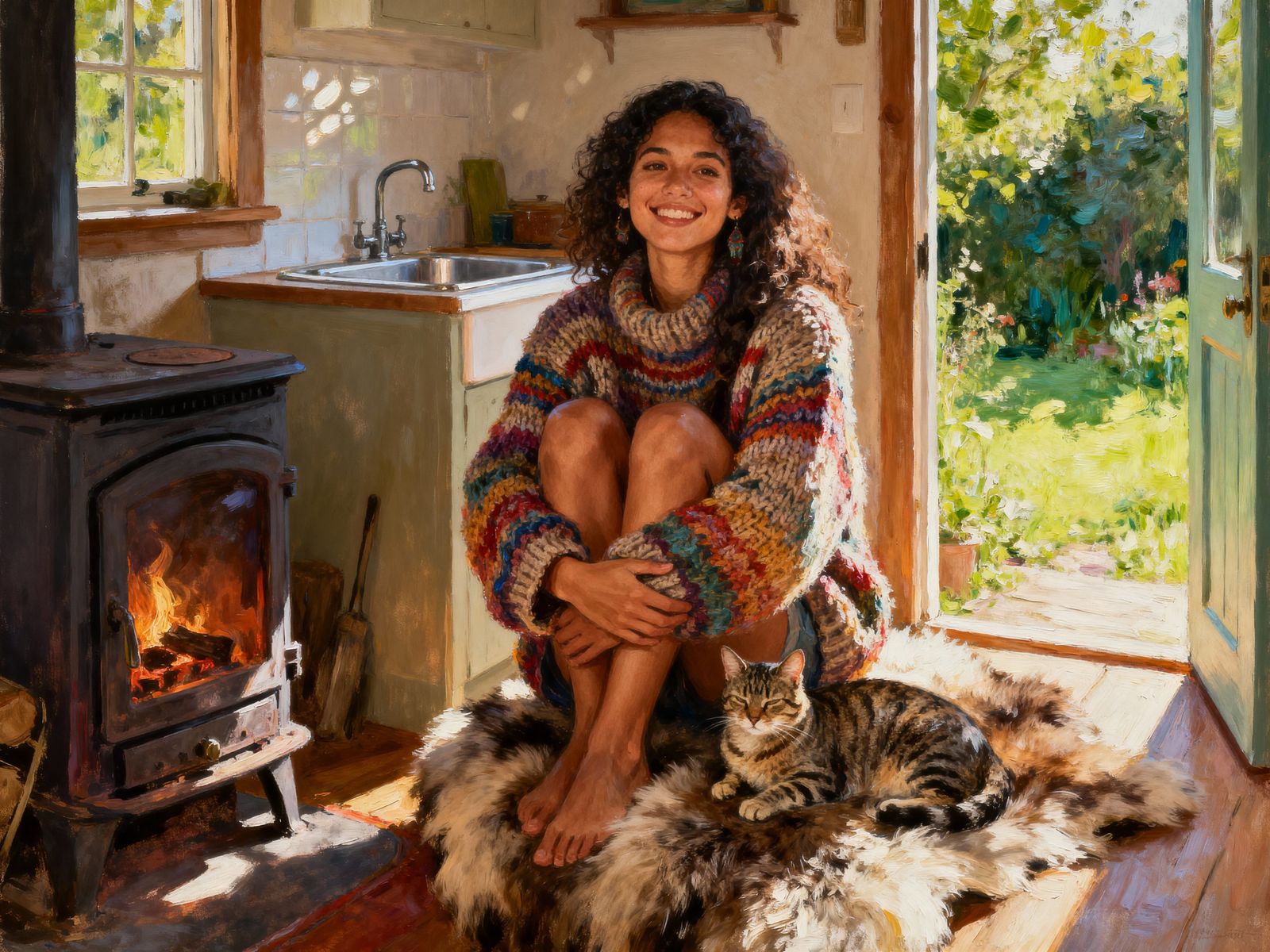 Bohemian Woman and Cat by Wood Stove in Painterly Style