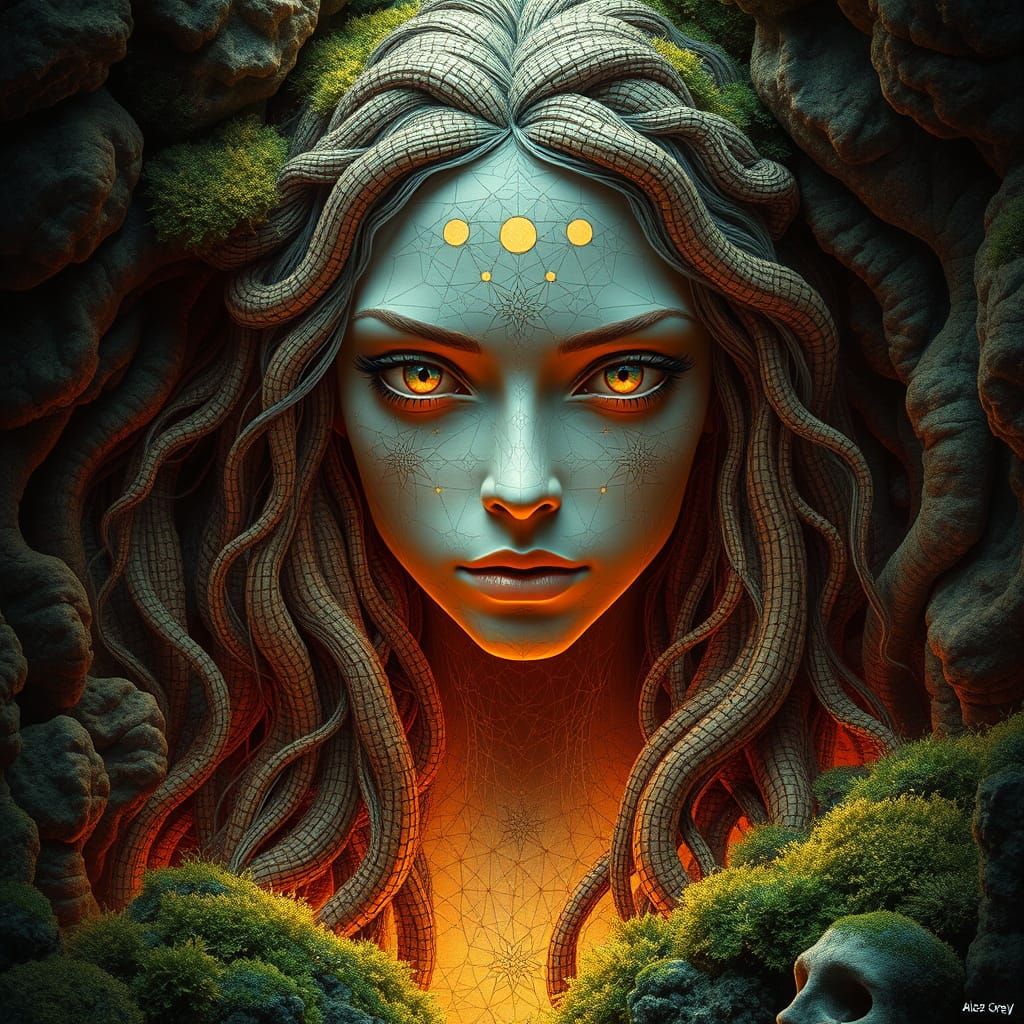 Feminine Figure in Bioluminescent Landscape, Alex Grey Style