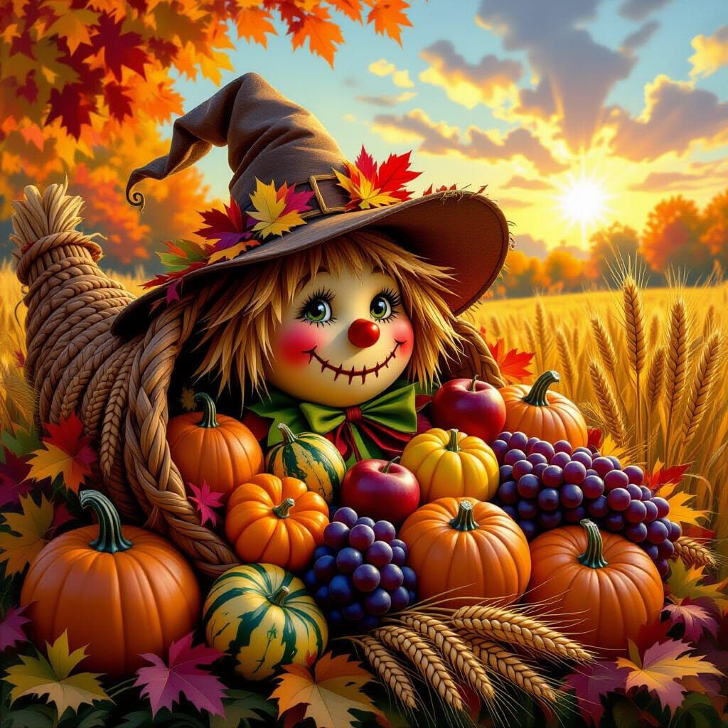 Whimsical Scarecrow Amidst Autumn Harvest Cornucopia