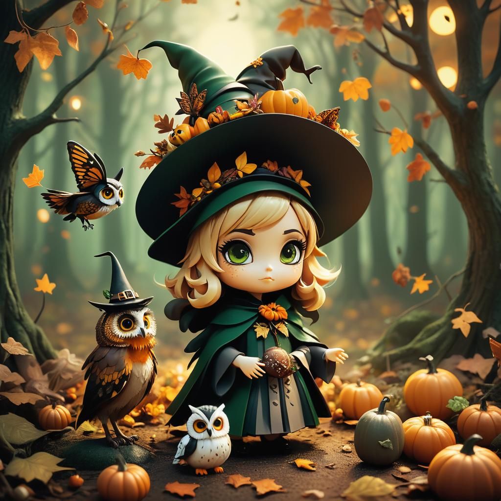 Chibi Witch in Mystical Autumn Forest