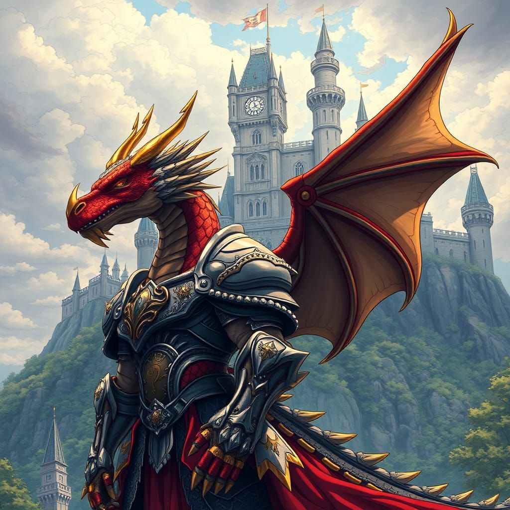 Dragon Knight in Anime Style Before Medieval Castle