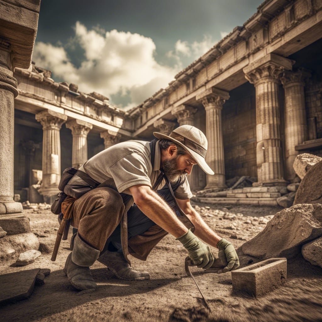 Hyperrealistic Archaeologist Excavating Ancient Greek Ruins