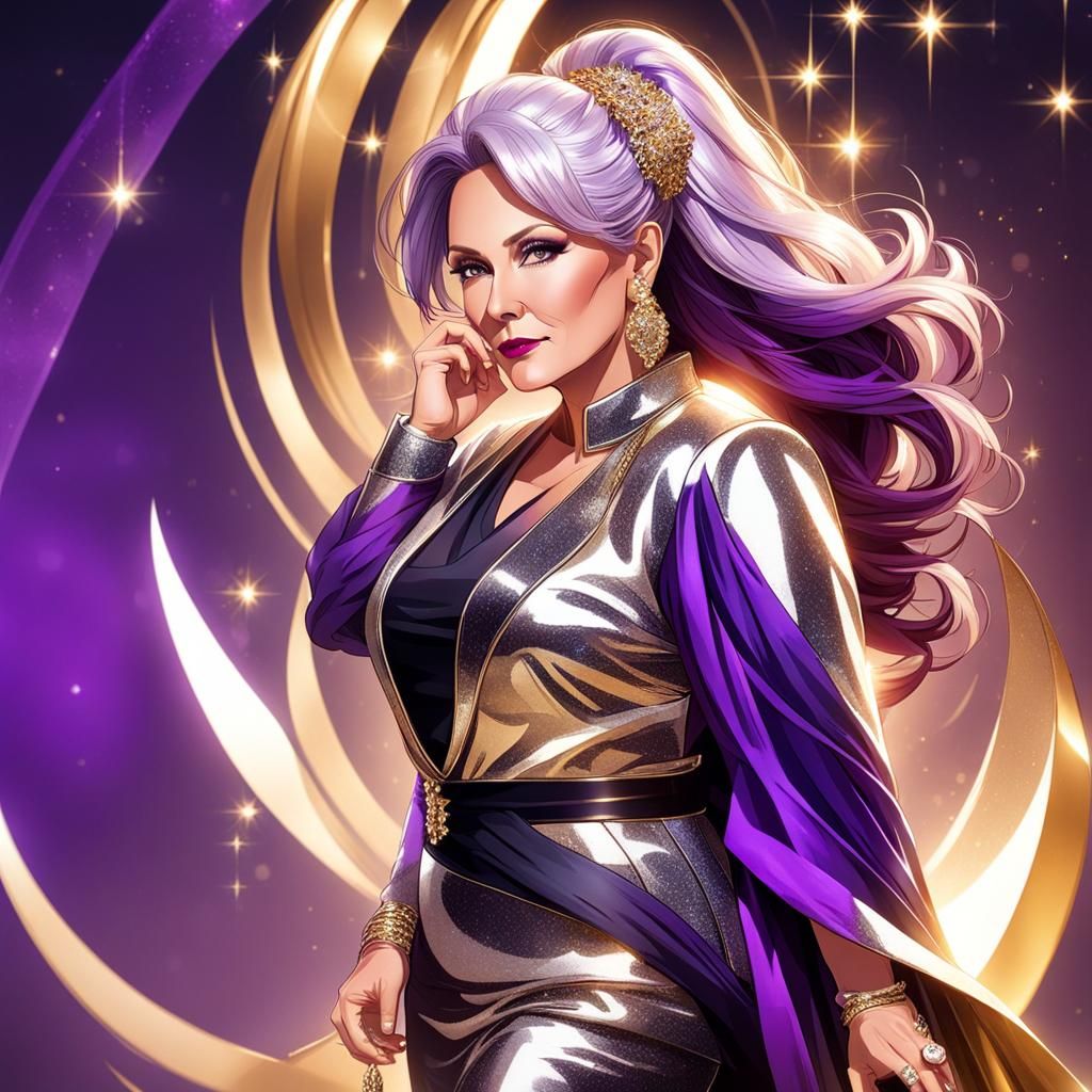 Elegant Woman with Golden Eyes and Purple Hair