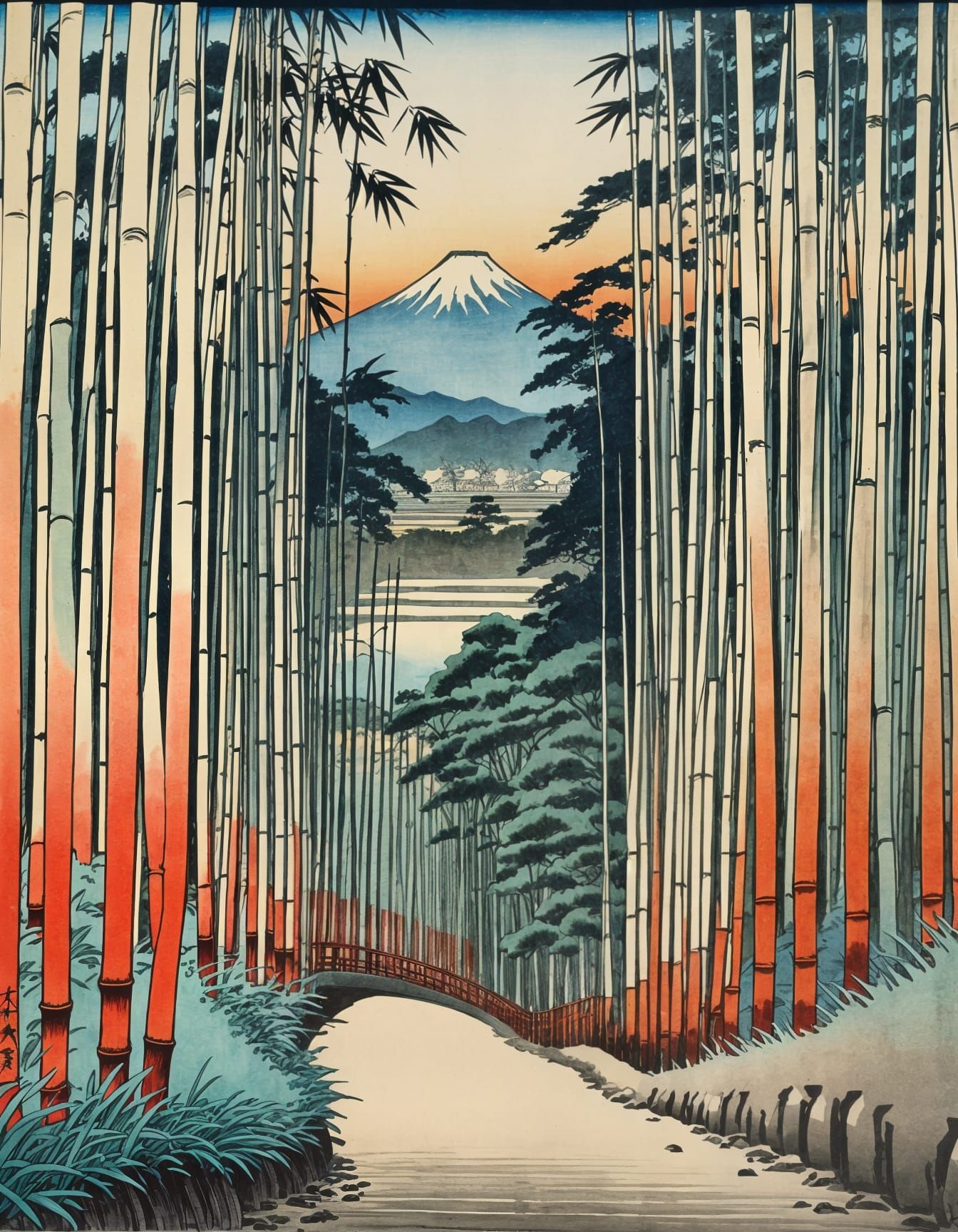 Surreal Woodblock Prints of Arashiyama Bamboo Grove in Japan