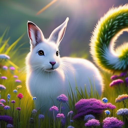 Hyperrealistic White Hare in Summer Meadow