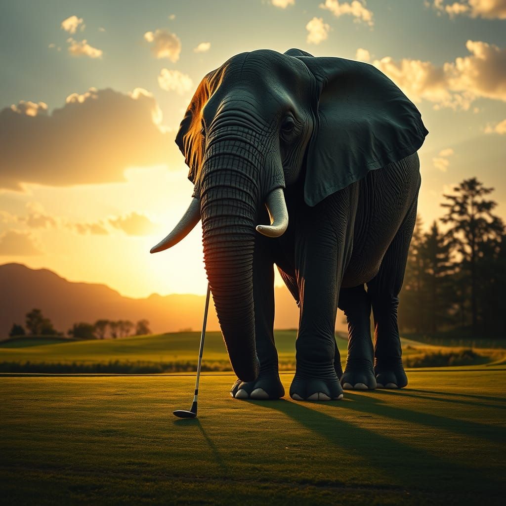 Elephant Golfing with Tiny Club: Cinematic Film Still