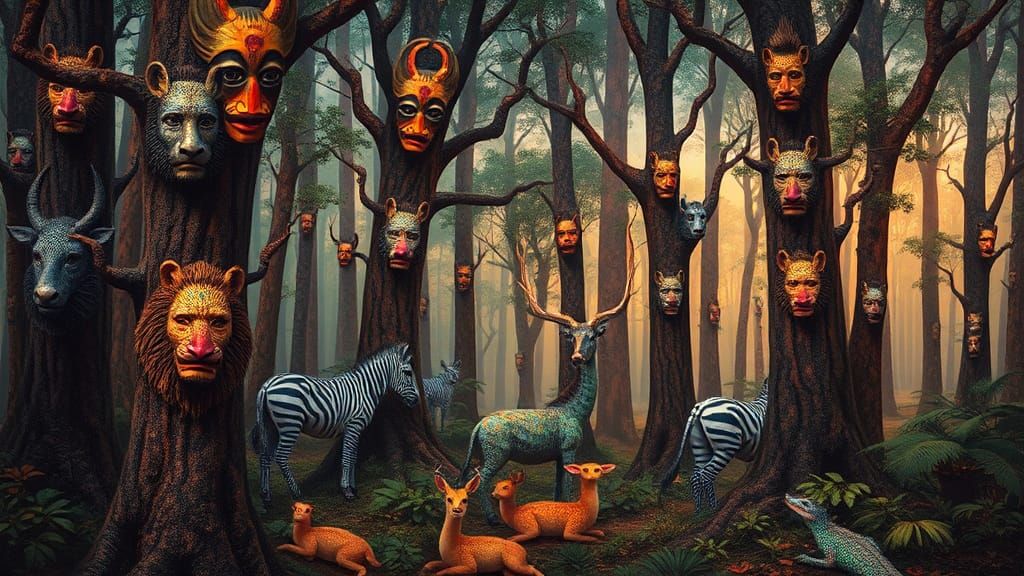 Dreamlike Forest with African Masks, Surrealist Landscape